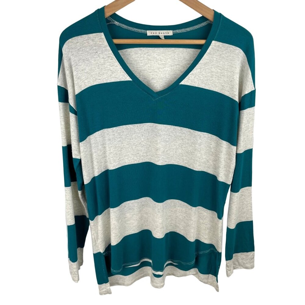 Red Haute Womens Size Large Multicolor Striped Long Sleeve V Neck Shirt